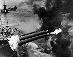 15 inch guns from HMS Valiant, Warspite and Malaya concentrate their fire on a single