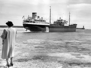 The 18, 000-ton tanker ship Horomya leaving the River Tyne after completion at Hawthorn