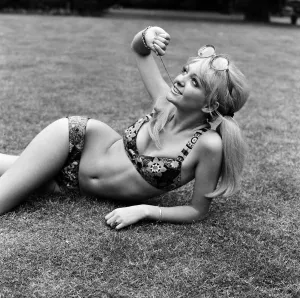 18 year old Karen Kerr wearing a patchwork bikini made by the Womens Institute