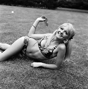 18 year old Karen Kerr wearing a patchwork bikini made by the Womens Institute