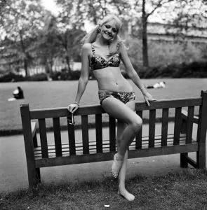 18 year old Karen Kerr wearing a patchwork bikini made by the Womens Institute