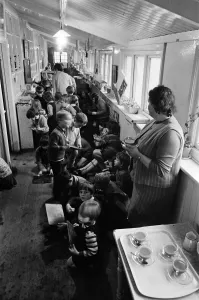 Some of the 180 children play in the small corridor at Sacred Heart RC school, Gorton