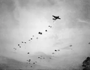 The 18th Parachute Battalion stage a mock attack on an American Aerodrome at Upper