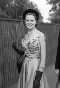1950s Fashion Prints: 1953 Clothing Ascot Fashion Lady Lawson wearing a formal dress with gloves