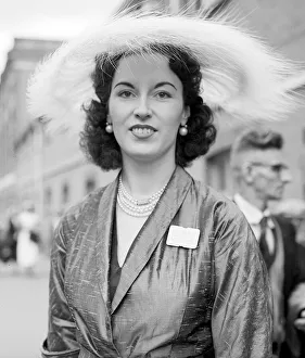 00197 Prints: 1953 Clothing Ascot Fashion Mrs Peter Black wearing hat with feather detail