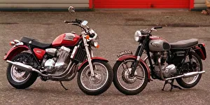 Triumph Prints: 1967 Triumph Thunderbird motor cycle with modern equivalent, June 1997