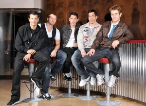1980s / 1990s boy band New Kids on The Block pose for the camera at the launch of their