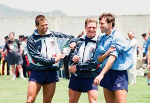 Gazza Prints: 1990 World Cup Finals in Italy. England teammates left to right: Steve Bull