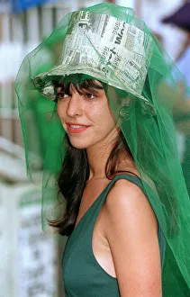 1990s Fashion Prints: 1993 - Clothing Ascot Fashion Hat Made of Newspaper and green netting