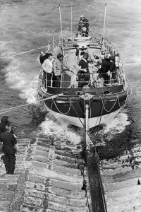 Crew Prints: After 27 years of gallant service, the William Gammon lifeboat plunged down its slipway