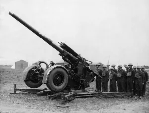 Anti Aircraft Gun Prints: A 3. 7 inch anti aircraft gun crew ready for inspection in the East Riding of Yorkshire