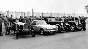 47 years of Sunbeam cars: Three vintage Sunbeams line up with a 1959 model during
