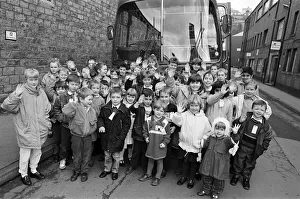 Some 50 children whose parents work at Peabody Holmes about to board the coach to see Ken