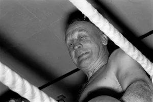 73 years old, and still boxing, Fred Oldham, a Shirley, Birmingham, pig farmer
