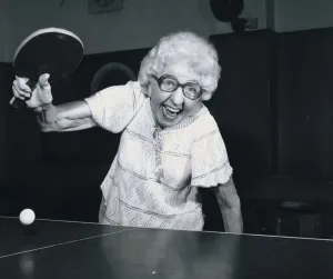 Table Tennis Prints: 76 year old pensioner Edna Brock playing table tennis, Edna has been playing the game for