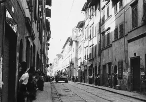 8th Armys entrance into Florence. As our armour enters the city people come