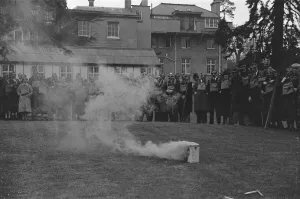 A. R. P. demonstration at Esher. Wardens wearing thir gas masks. April 1938