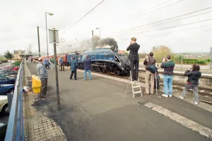 01522 Prints: The A4 locomotive Sir Nigel Gresley powers its way through Morpeth Station as it