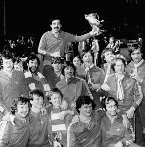 Aberdeen football players team squad celebrate after winning the 1980 Scottish Premier
