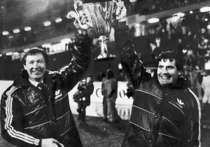 Aberdeen manager Alex Ferguson and assistant Archie Knox holding the European Cup Winners