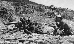 Italian Prints: Abyssinian War October 1935 Italian machine gun post guarding the rear of