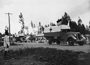Casualties Prints: Abyssinian War September 1935 A column of Red Cross lorries heads towards Harah