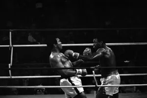 Action during the world heavyweight title fight between challenger Muhammad Ali