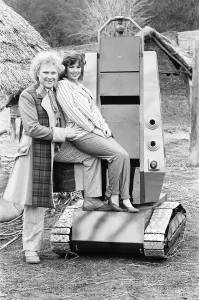 Actor Colin Baker as the sixth Doctor with Nicola Bryant who plays Perpugilliam