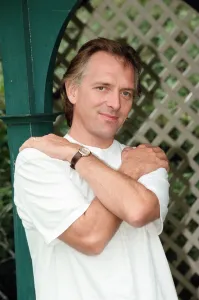 Actor and comedian, Rik Mayall, pictured at home four months after his horrific quad bike