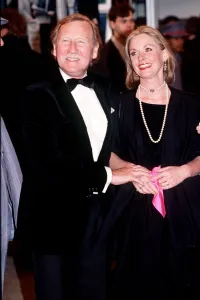 Actor Leslie Phillips with his wife Angela Scoular at the Premiere of Scandal