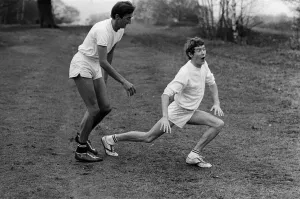 Actor Michael Crawford training with Olympic athlete Gordon Pirie for his upcoming role