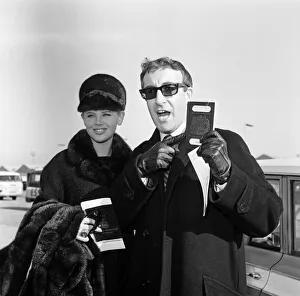 Actor Peter Sellers at London Airport with his wife Britt Ekland