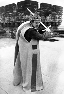 Sword Prints: Actor Richard Briers in costume on the roof of Newcastle Keep as Richard III in which he