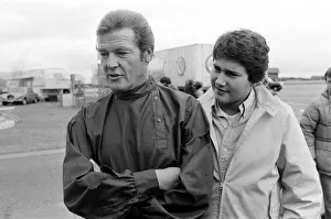 Actor Roger Moore on location at the RAF Upper Heyford, Oxon
