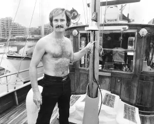 Actor Tony Adams who appeared in Crossroads on board his boat October 1978