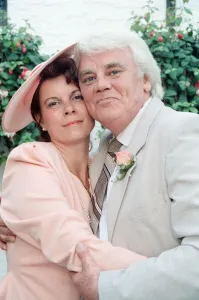 Actor Tony Booth and Nancy Jaeger at their wedding in the Jaeger family