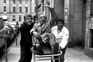 Trolley Prints: Actors Peter Baldwin, Ben Warriss and David Ross outside the Theatre Royal
