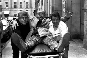 00481 Prints: Actors Peter Baldwin, Ben Warriss and David Ross outside the Theatre Royal