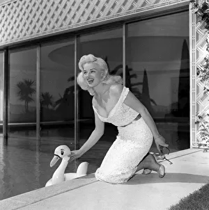 Square Prints: Actress Diana Dors with an inflatable swan as she poses by a swimming pool at cannes film