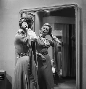 Actress Janet Leigh at a costume fitting for the film The Vikings 1957
