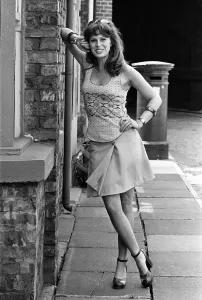 Actress Joanna Lumley pictured on the set of Coronation Street. 5th July 1973