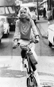 Actress Susannah York oct 1965 riding a bike on Kings road Chelsea