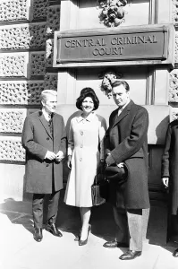 Crime Prints: Adam Faith (left), Anne Baxter and Donald Sinden pose outside the Central Criminal Court