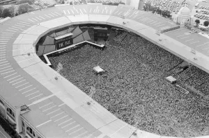 Aerial photo shows the 1000s of fans attending Wham ! The Farewell Concert at Wembley