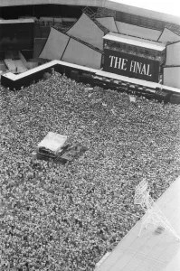 Aerial photo shows the 1000s of fans attending Wham ! The Farewell Concert at Wembley