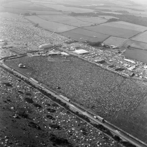 An aerial view of the 120, 000 pop fans massed together at Freshwater on the Isle of Wight