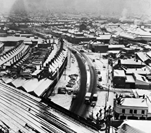 Aerial view of Cardiff in the snow taken from the top of the newGas Showroom building in