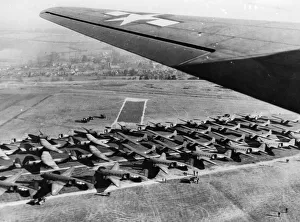 Usaaf Prints: Aerial view of Douglas C-47 Skytrain aircraft and gliders of the 9th Troop Carrier