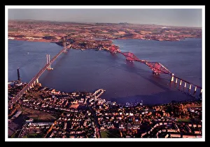 Suspension Bridge Prints: Aerial view of Edinburgh showing Forth rail road bridge November 1998