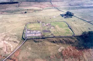 History Prints: An aerial view of Housteads Roman Fort on Hadrians Wall in Northumberland in April 1998